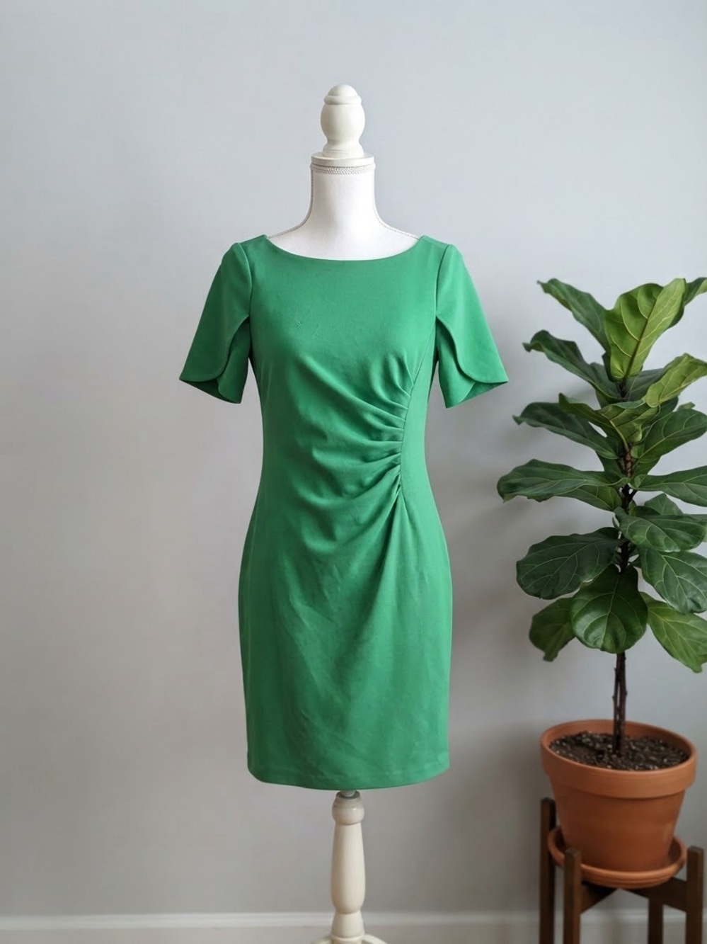 DKNY Emerald Green Short-Sleeve Midi Dress with Side Gathering